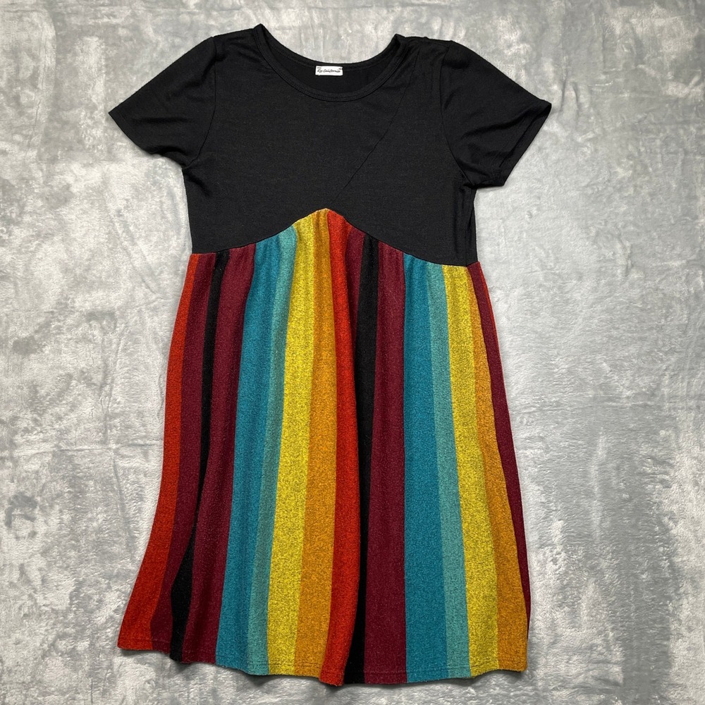 Egs California Babydoll Dress Womens M Black Rainbow Stripe Short Sleeve Retro